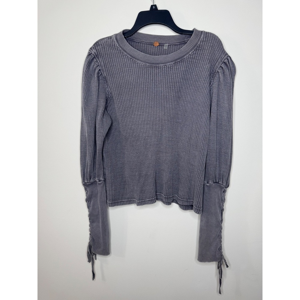 Free People FP One Grey Waffle Knit Puff Sleeve Lace Up Thermal Top Medium - Picture 1 of 5